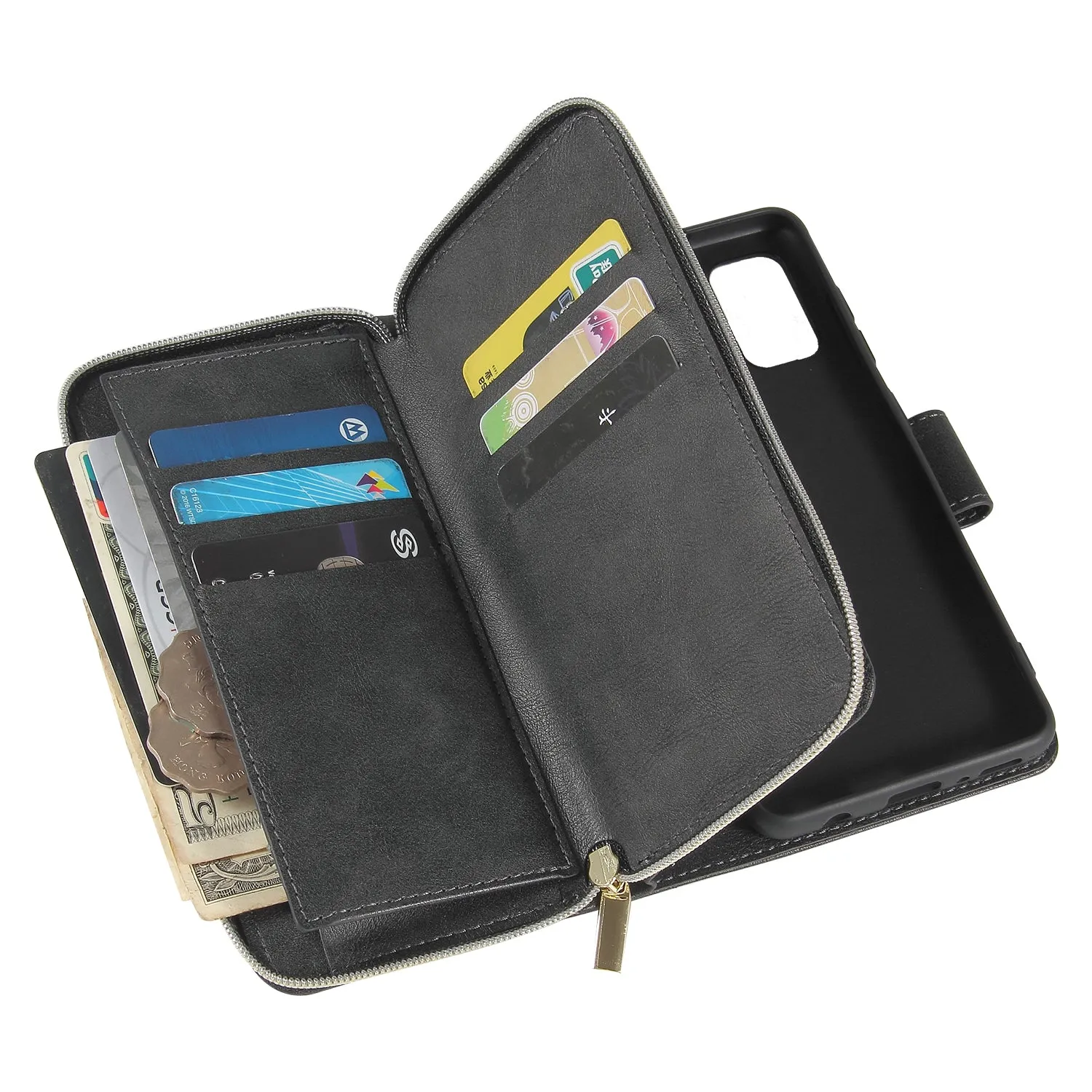 For Samsung A01/A21/A31/A41/A51 Pu Leather  Mobile Phone Cover Zipper Card Bag   Wrist Strap black