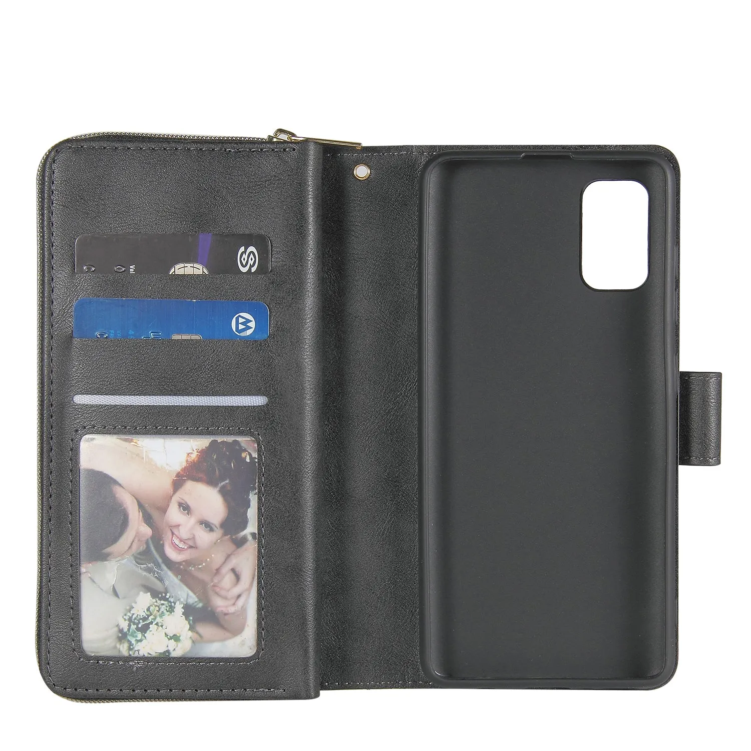 For Samsung A01/A21/A31/A41/A51 Pu Leather  Mobile Phone Cover Zipper Card Bag   Wrist Strap black