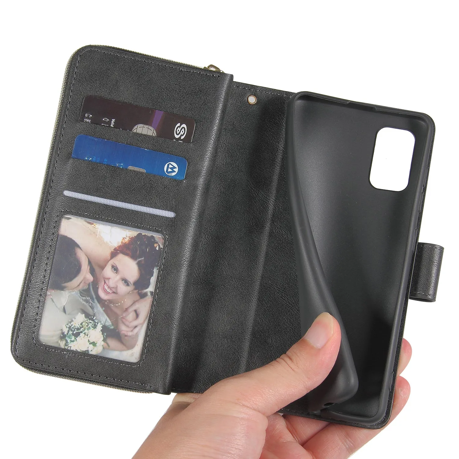For Samsung A01/A21/A31/A41/A51 Pu Leather  Mobile Phone Cover Zipper Card Bag   Wrist Strap black