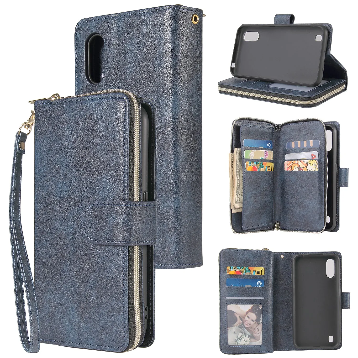 For Samsung A01/A21/A31/A41/A51 Pu Leather  Mobile Phone Cover Zipper Card Bag   Wrist Strap blue