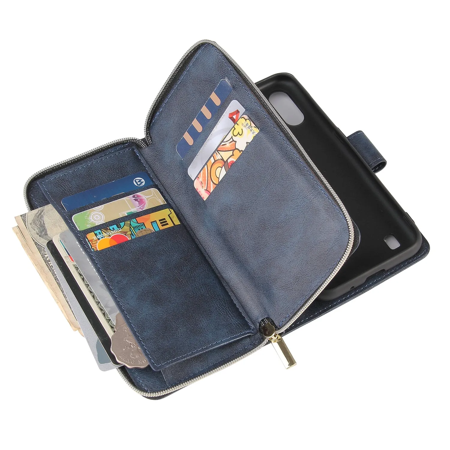For Samsung A01/A21/A31/A41/A51 Pu Leather  Mobile Phone Cover Zipper Card Bag   Wrist Strap blue