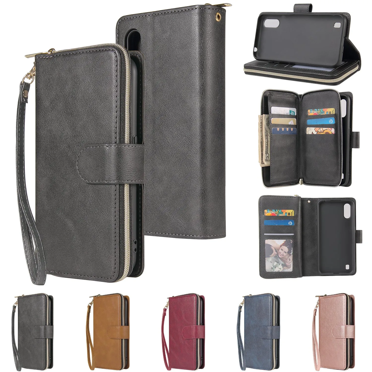 For Samsung A01/A21/A31/A41/A51 Pu Leather  Mobile Phone Cover Zipper Card Bag   Wrist Strap brown