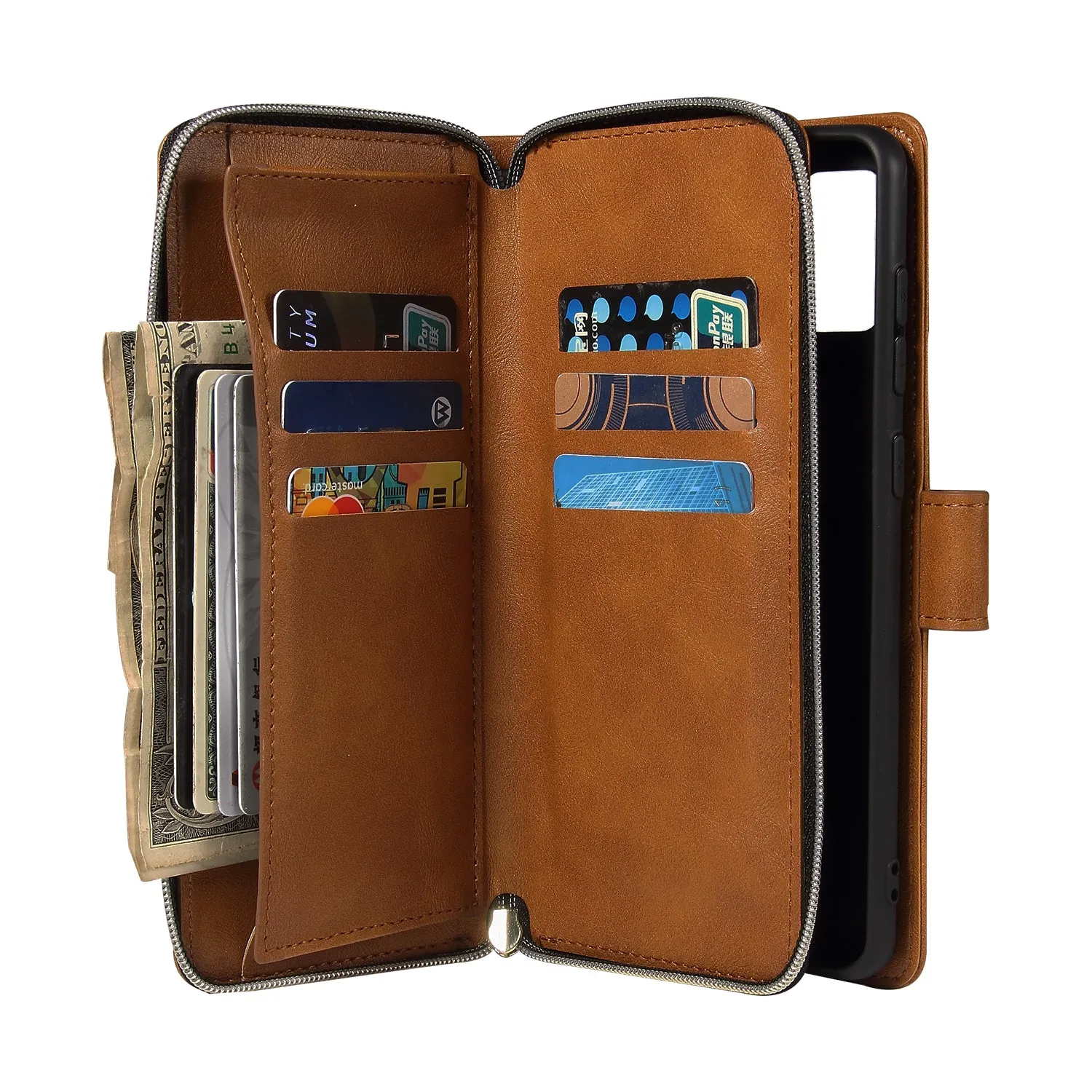For Samsung A01/A21/A31/A41/A51 Pu Leather  Mobile Phone Cover Zipper Card Bag   Wrist Strap brown