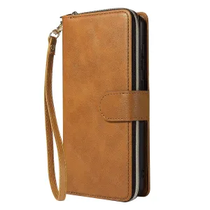 For Samsung A01/A21/A31/A41/A51 Pu Leather  Mobile Phone Cover Zipper Card Bag   Wrist Strap brown