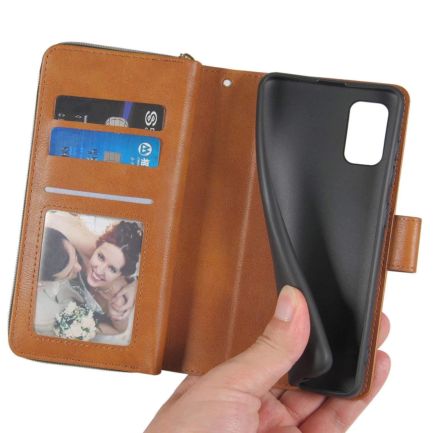 For Samsung A01/A21/A31/A41/A51 Pu Leather  Mobile Phone Cover Zipper Card Bag   Wrist Strap brown