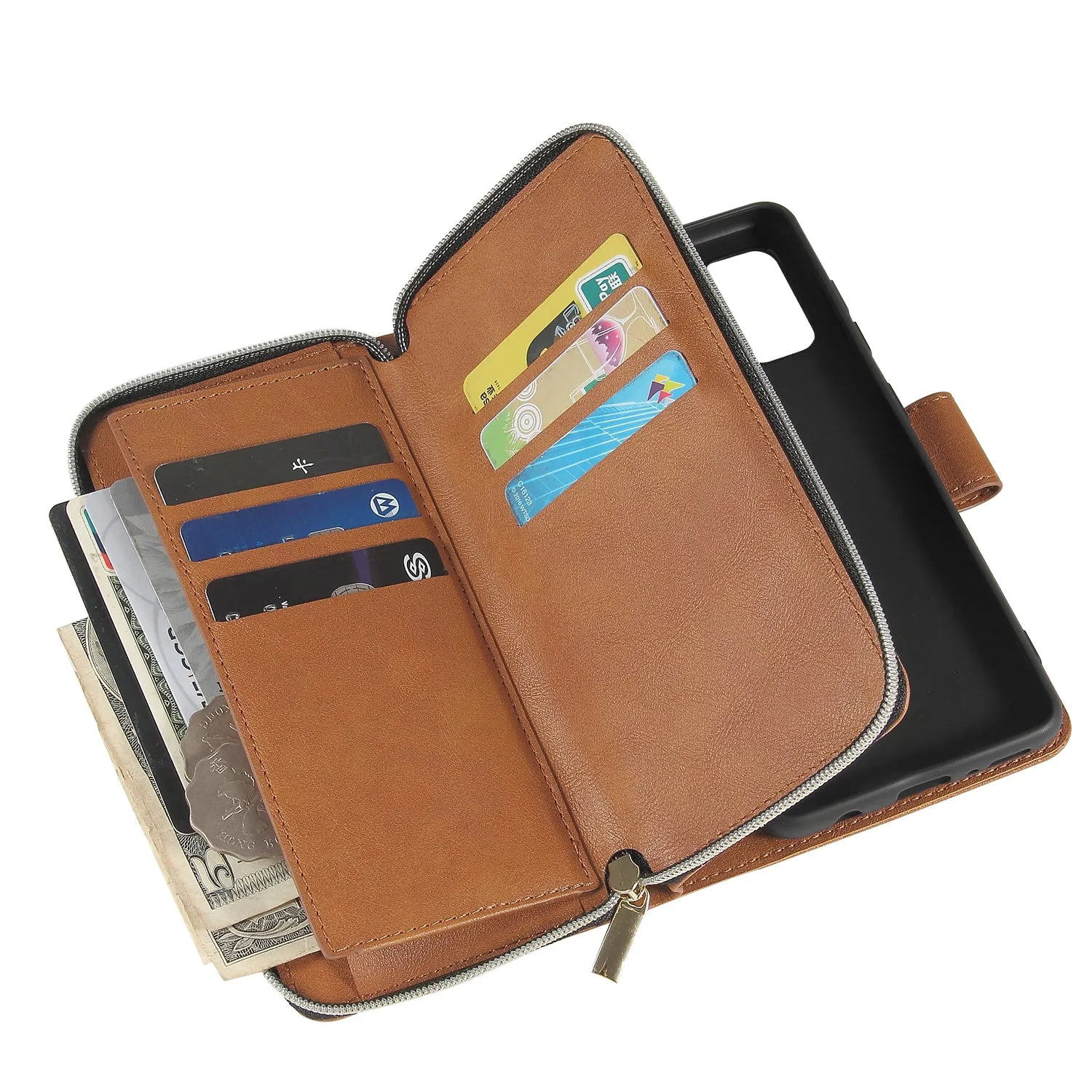 For Samsung A01/A21/A31/A41/A51 Pu Leather  Mobile Phone Cover Zipper Card Bag   Wrist Strap brown