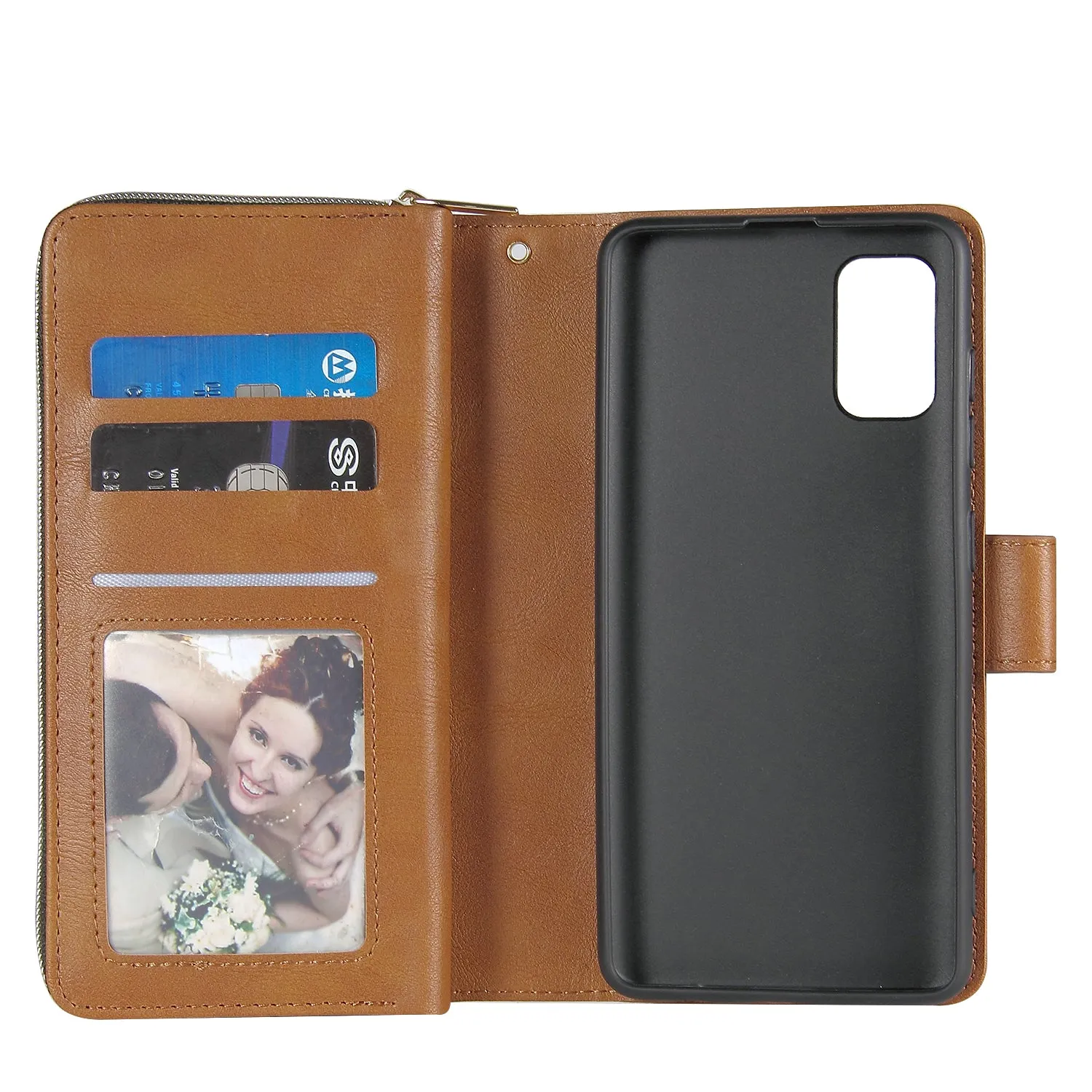 For Samsung A01/A21/A31/A41/A51 Pu Leather  Mobile Phone Cover Zipper Card Bag   Wrist Strap brown