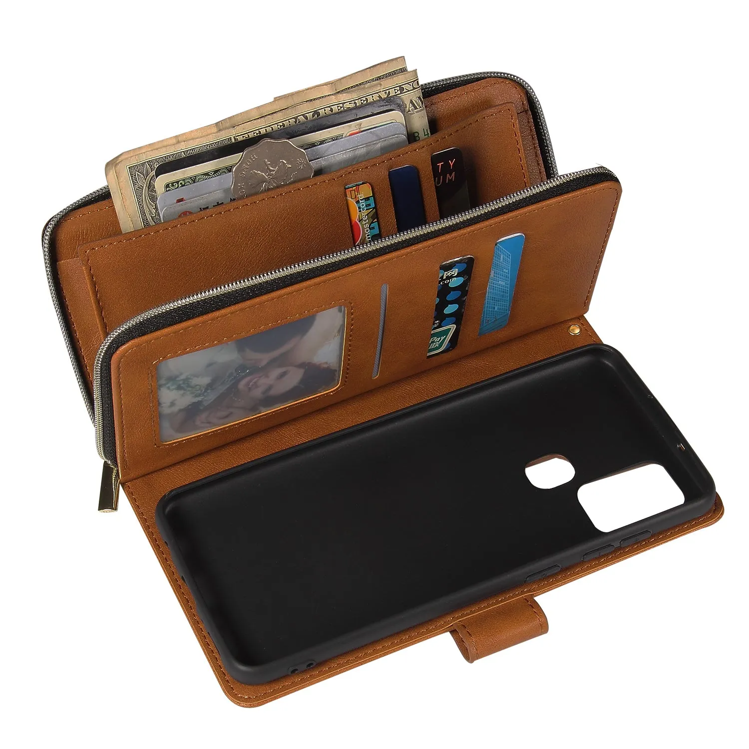 For Samsung A01/A21/A31/A41/A51 Pu Leather  Mobile Phone Cover Zipper Card Bag   Wrist Strap brown