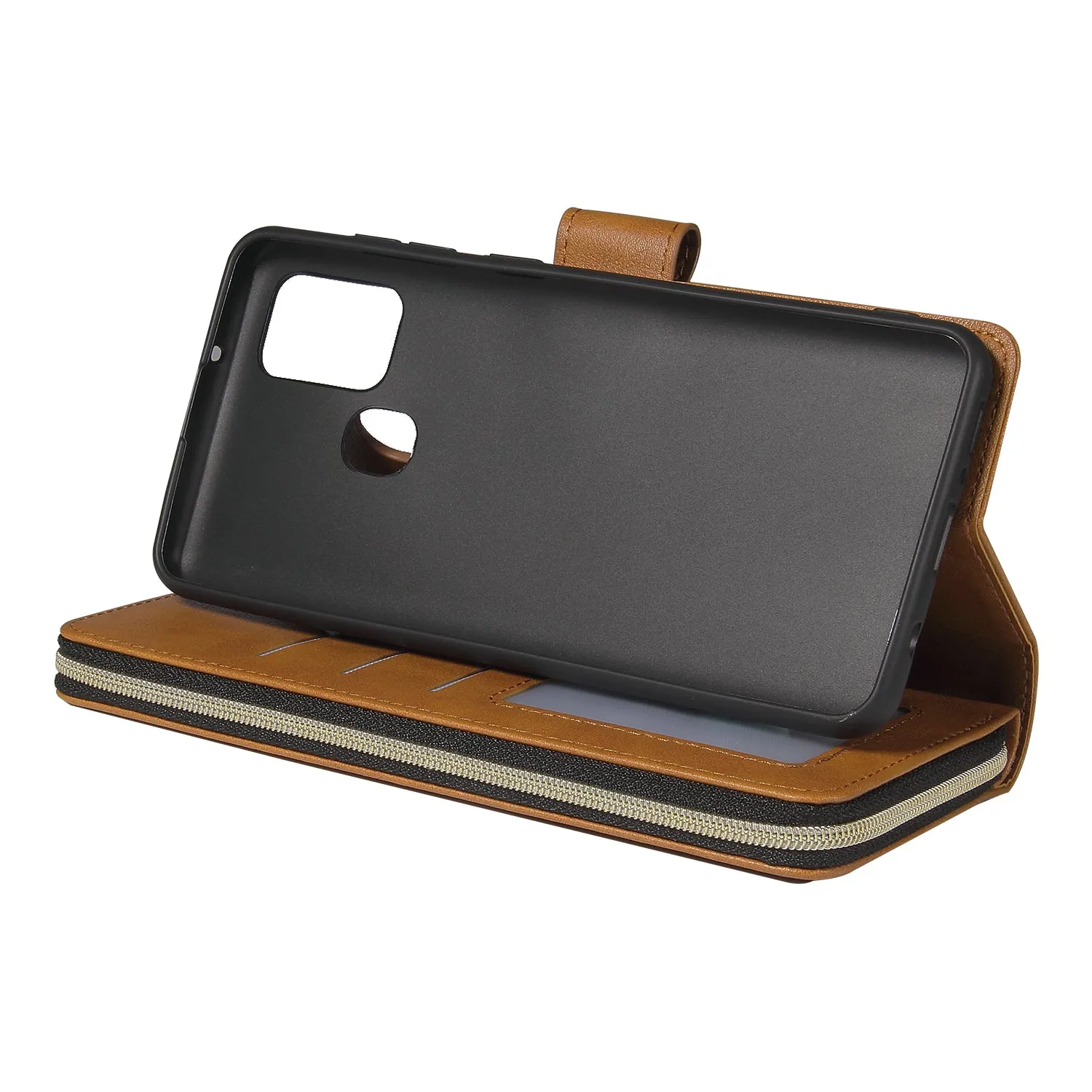 For Samsung A01/A21/A31/A41/A51 Pu Leather  Mobile Phone Cover Zipper Card Bag   Wrist Strap brown