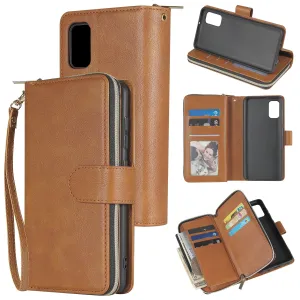 For Samsung A01/A21/A31/A41/A51 Pu Leather  Mobile Phone Cover Zipper Card Bag   Wrist Strap brown