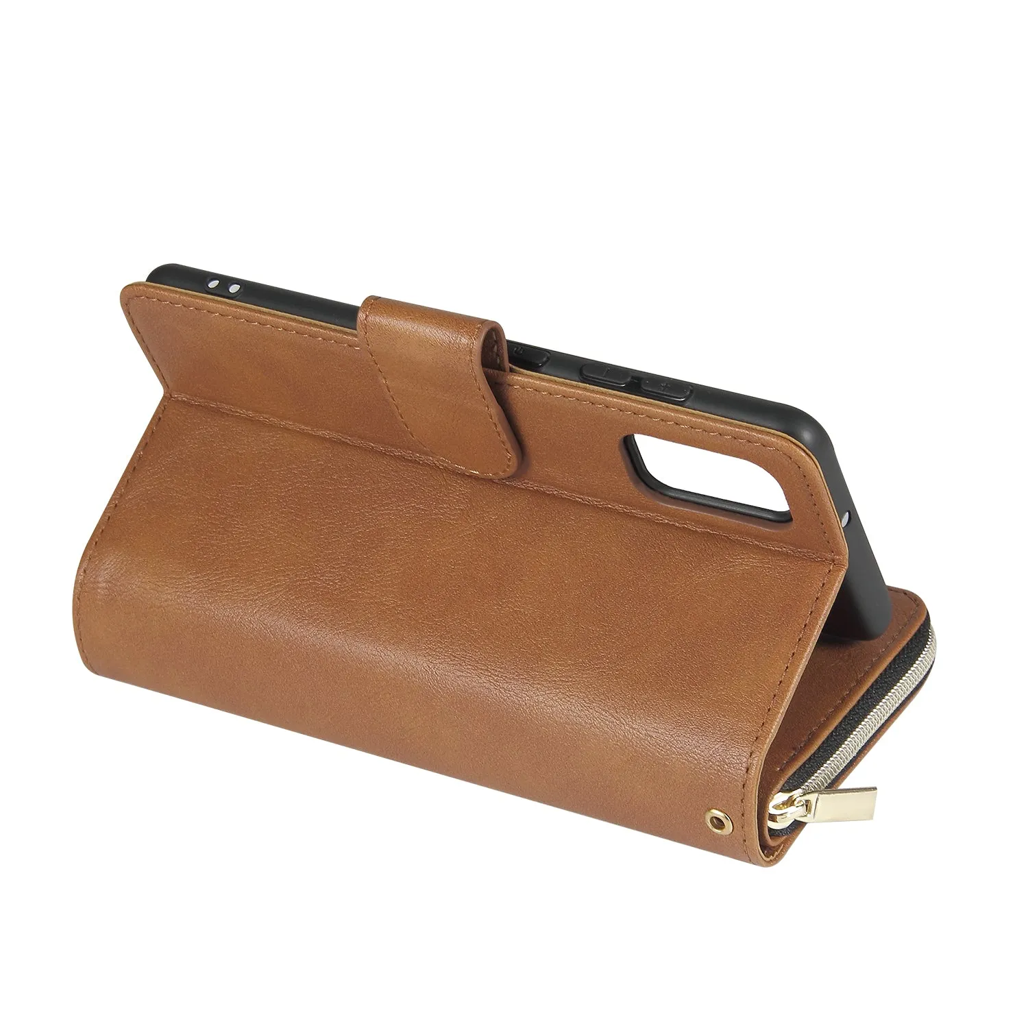 For Samsung A01/A21/A31/A41/A51 Pu Leather  Mobile Phone Cover Zipper Card Bag   Wrist Strap brown