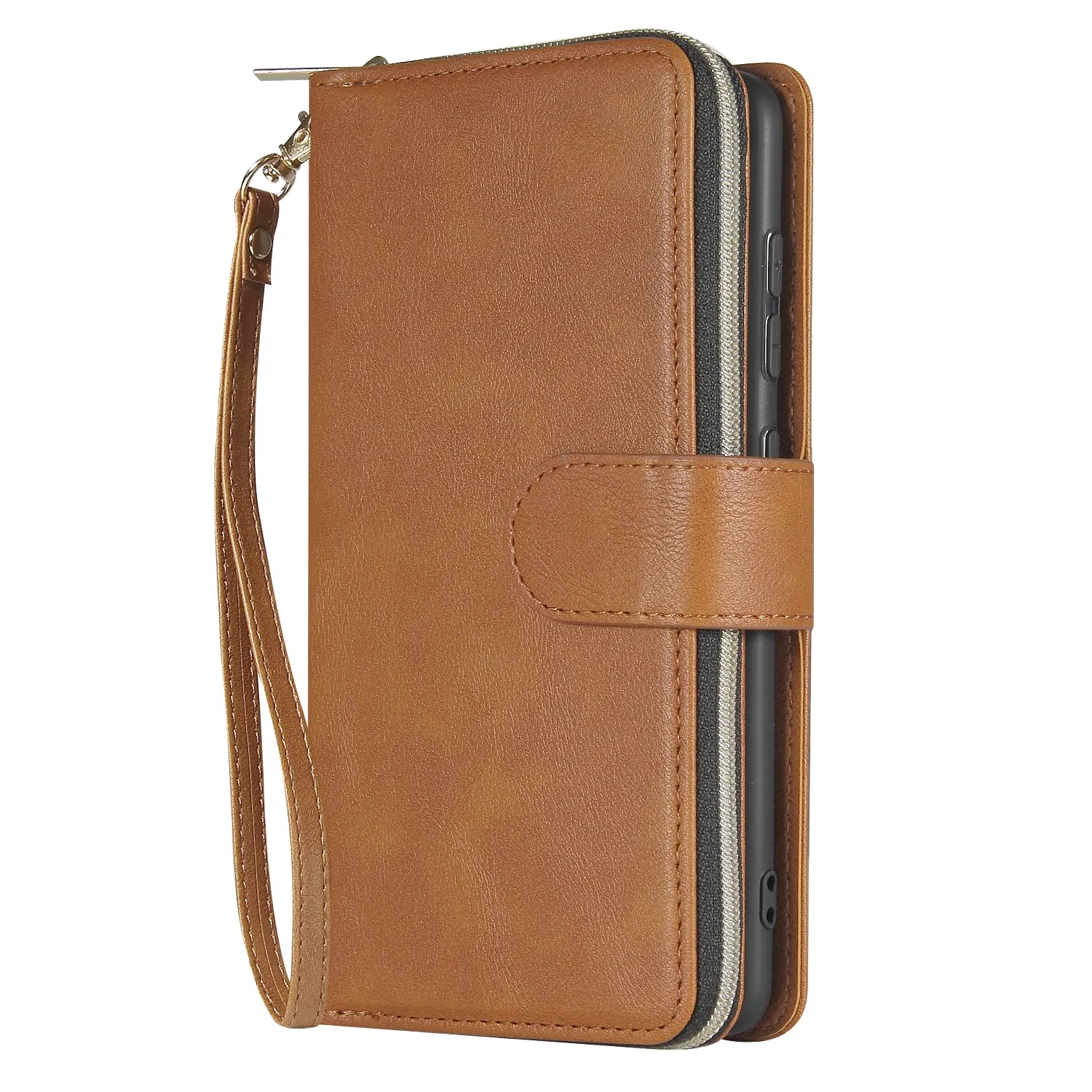 For Samsung A01/A21/A31/A41/A51 Pu Leather  Mobile Phone Cover Zipper Card Bag   Wrist Strap brown