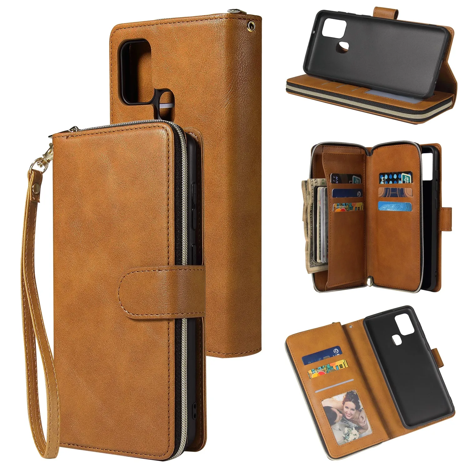 For Samsung A01/A21/A31/A41/A51 Pu Leather  Mobile Phone Cover Zipper Card Bag   Wrist Strap brown