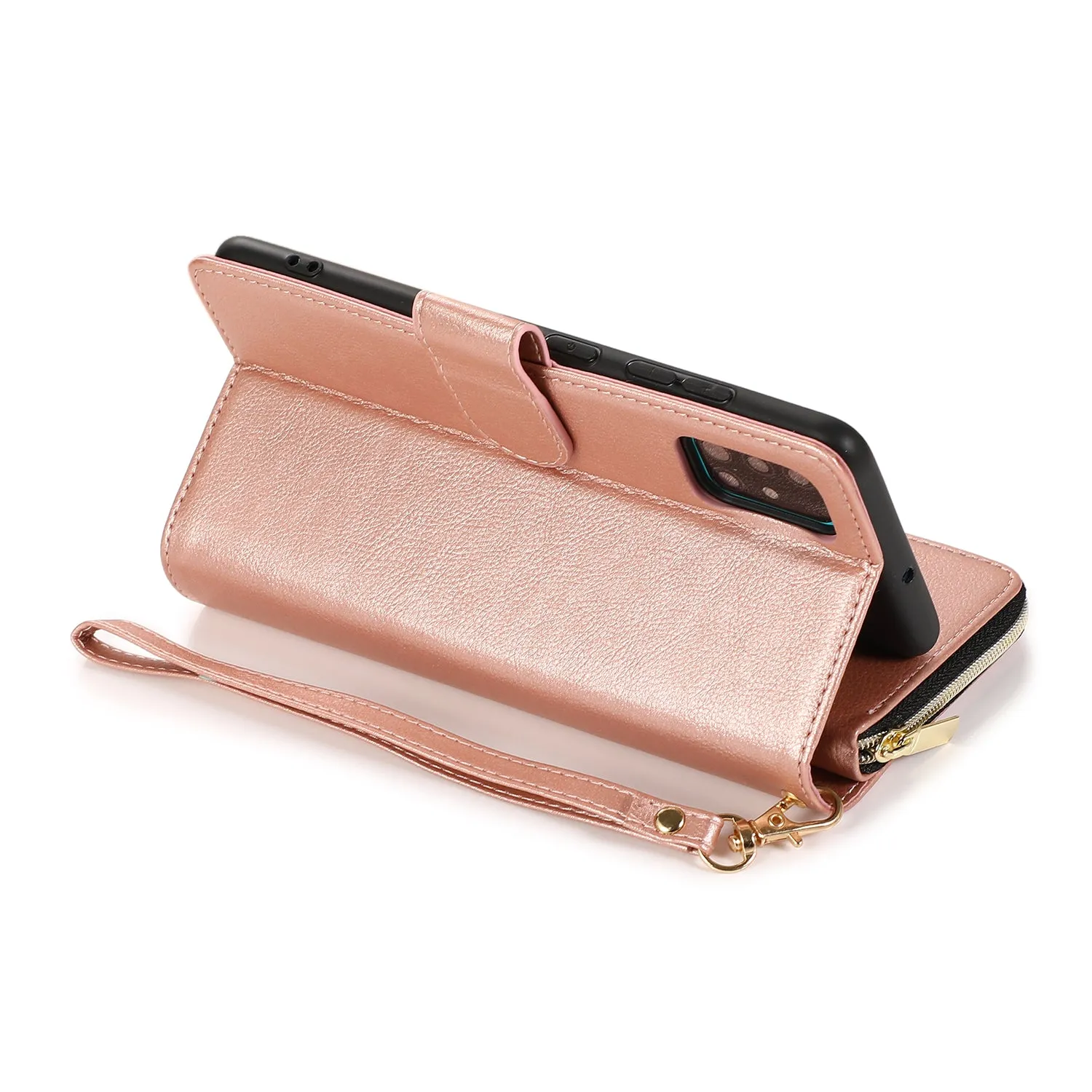 For Samsung A01/A21/A31/A41/A51 Pu Leather  Mobile Phone Cover Zipper Card Bag   Wrist Strap Rose gold