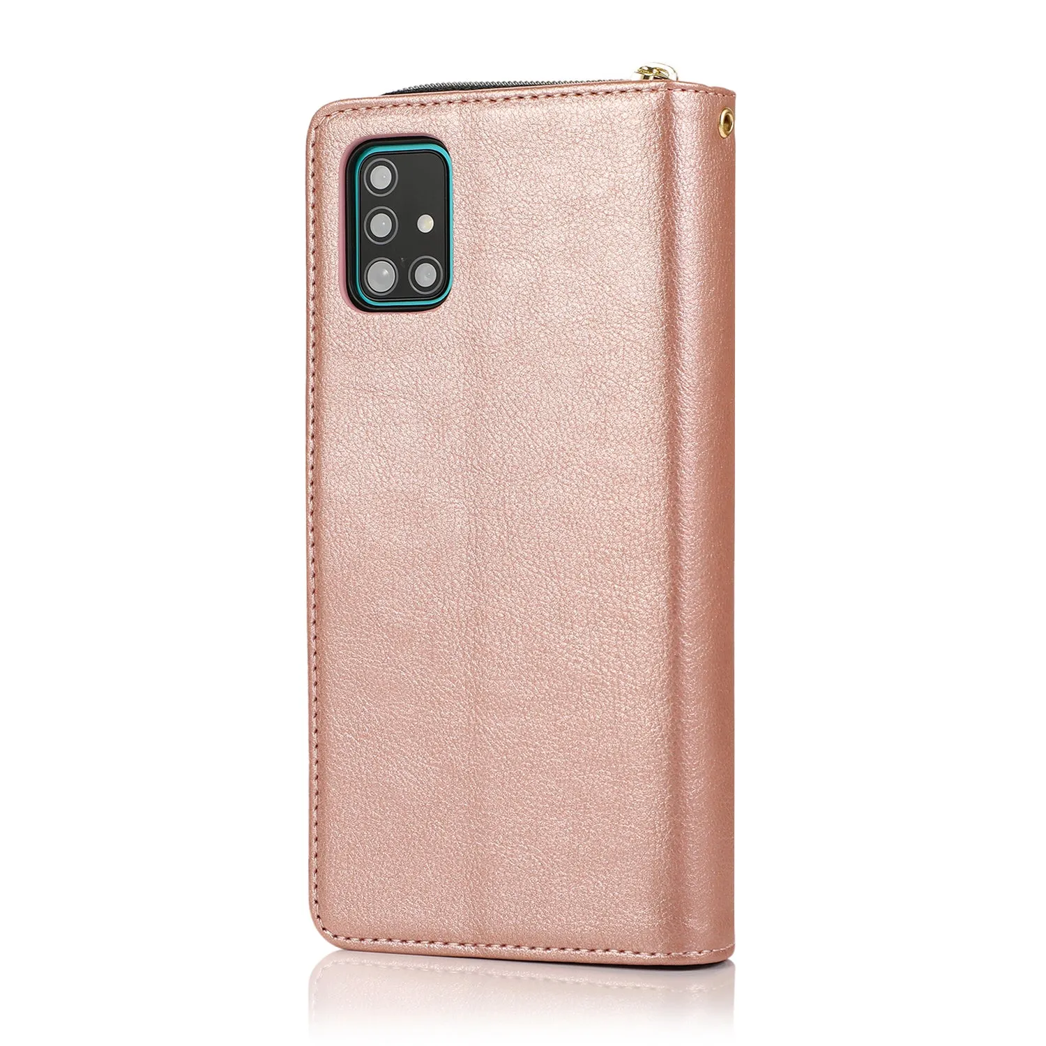 For Samsung A01/A21/A31/A41/A51 Pu Leather  Mobile Phone Cover Zipper Card Bag   Wrist Strap Rose gold
