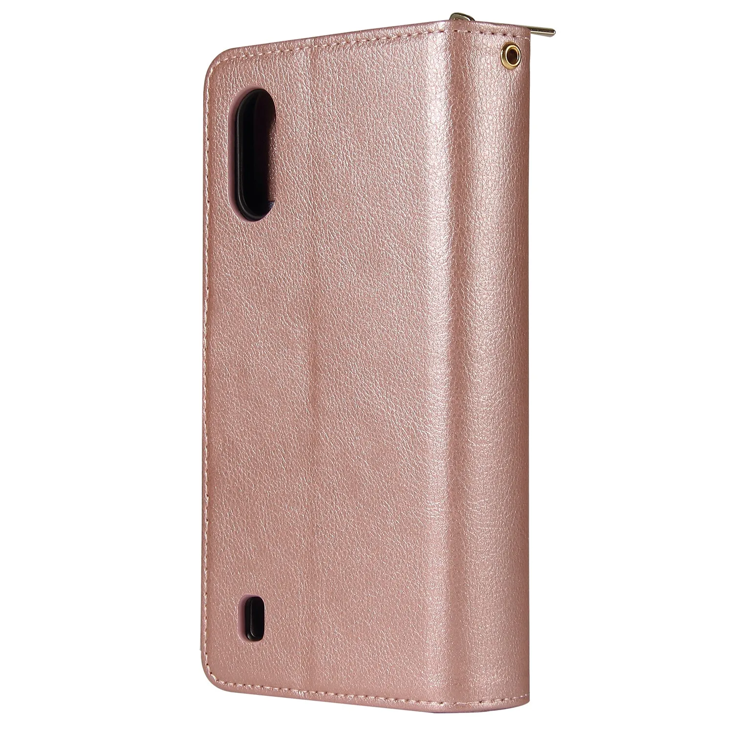 For Samsung A01/A21/A31/A41/A51 Pu Leather  Mobile Phone Cover Zipper Card Bag   Wrist Strap Rose gold