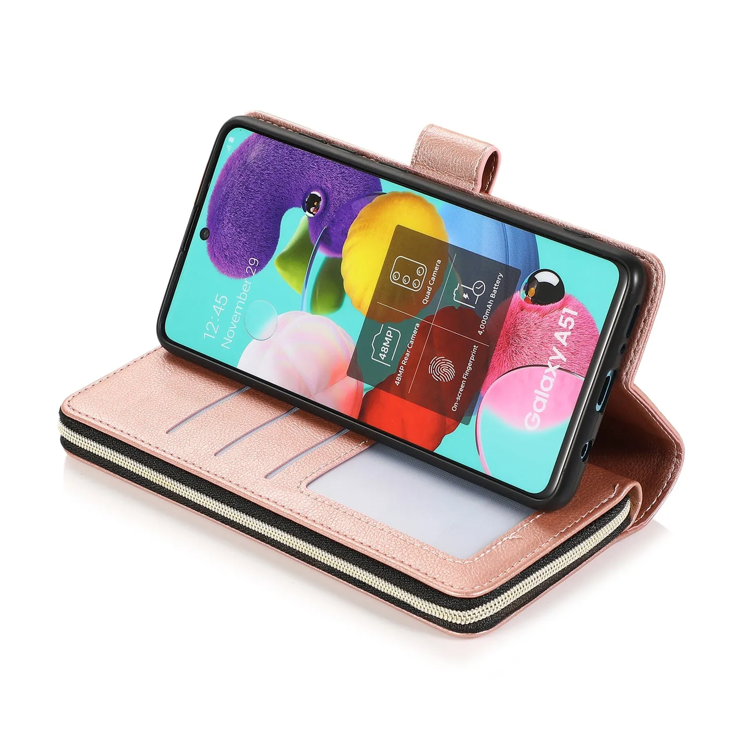 For Samsung A01/A21/A31/A41/A51 Pu Leather  Mobile Phone Cover Zipper Card Bag   Wrist Strap Rose gold