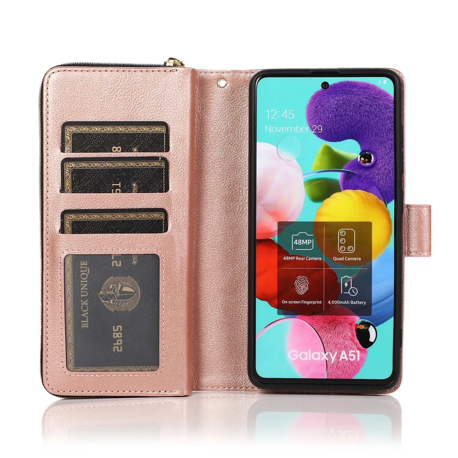 For Samsung A01/A21/A31/A41/A51 Pu Leather  Mobile Phone Cover Zipper Card Bag   Wrist Strap Rose gold
