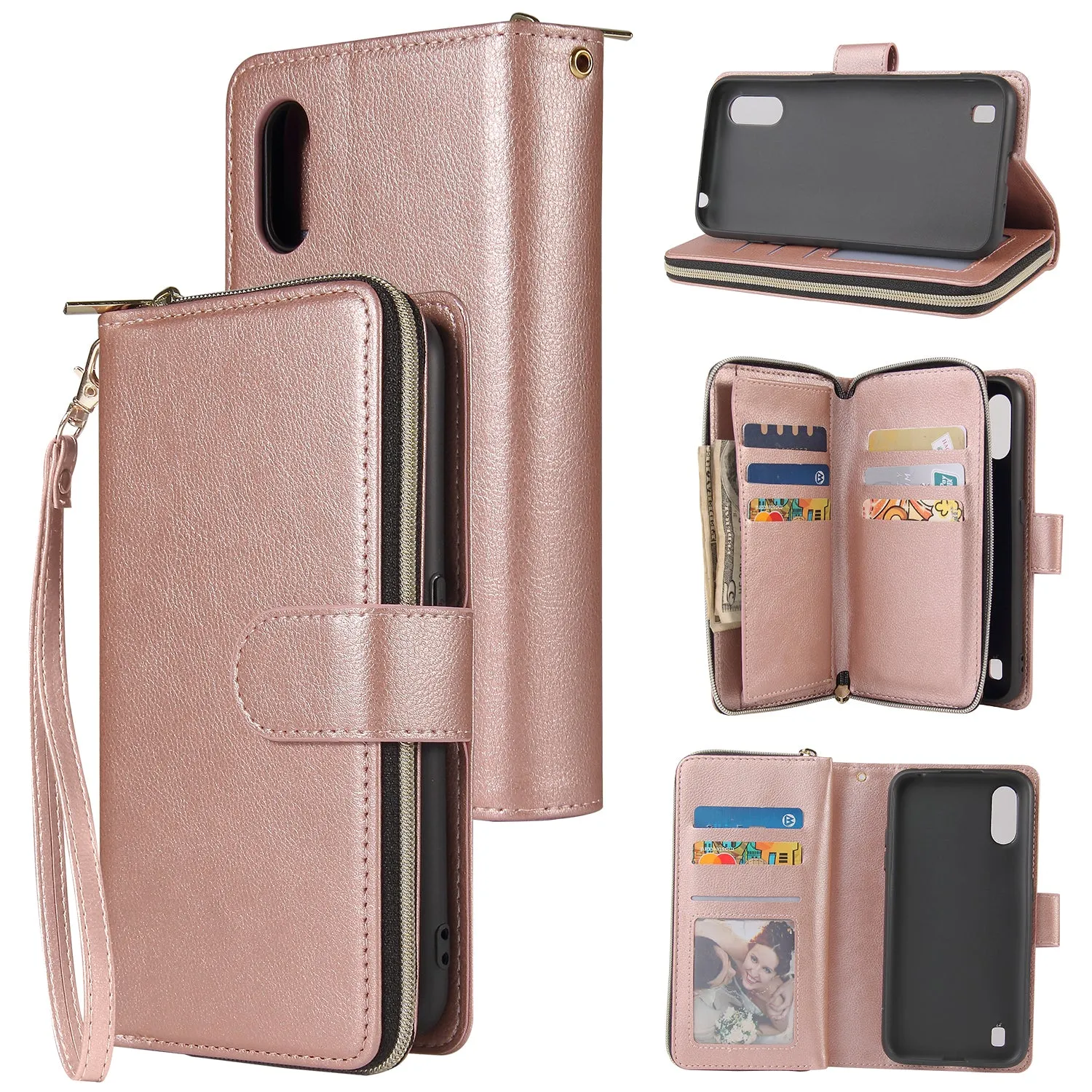 For Samsung A01/A21/A31/A41/A51 Pu Leather  Mobile Phone Cover Zipper Card Bag   Wrist Strap Rose gold