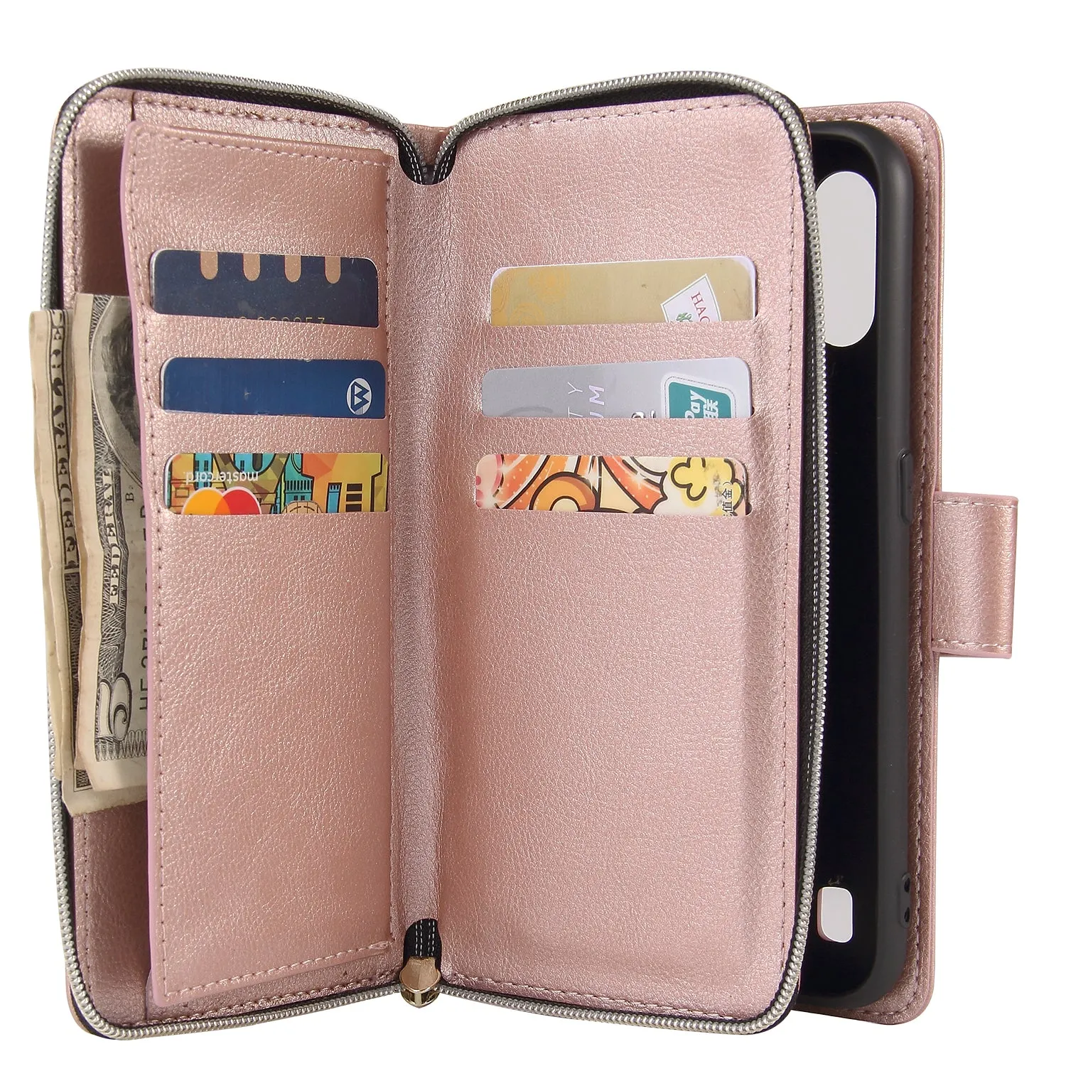 For Samsung A01/A21/A31/A41/A51 Pu Leather  Mobile Phone Cover Zipper Card Bag   Wrist Strap Rose gold