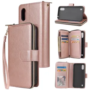 For Samsung A01/A21/A31/A41/A51 Pu Leather  Mobile Phone Cover Zipper Card Bag   Wrist Strap Rose gold