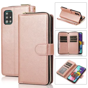 For Samsung A01/A21/A31/A41/A51 Pu Leather  Mobile Phone Cover Zipper Card Bag   Wrist Strap Rose gold