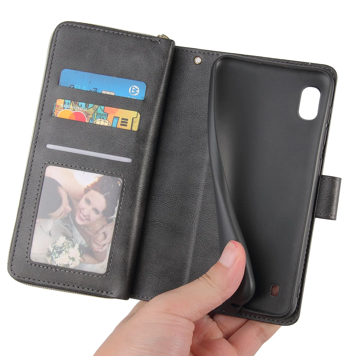 For Samsung A10/A20/A30/A50/A30S/A50S Pu Leather  Mobile Phone Cover Zipper Card Bag   Wrist Strap black