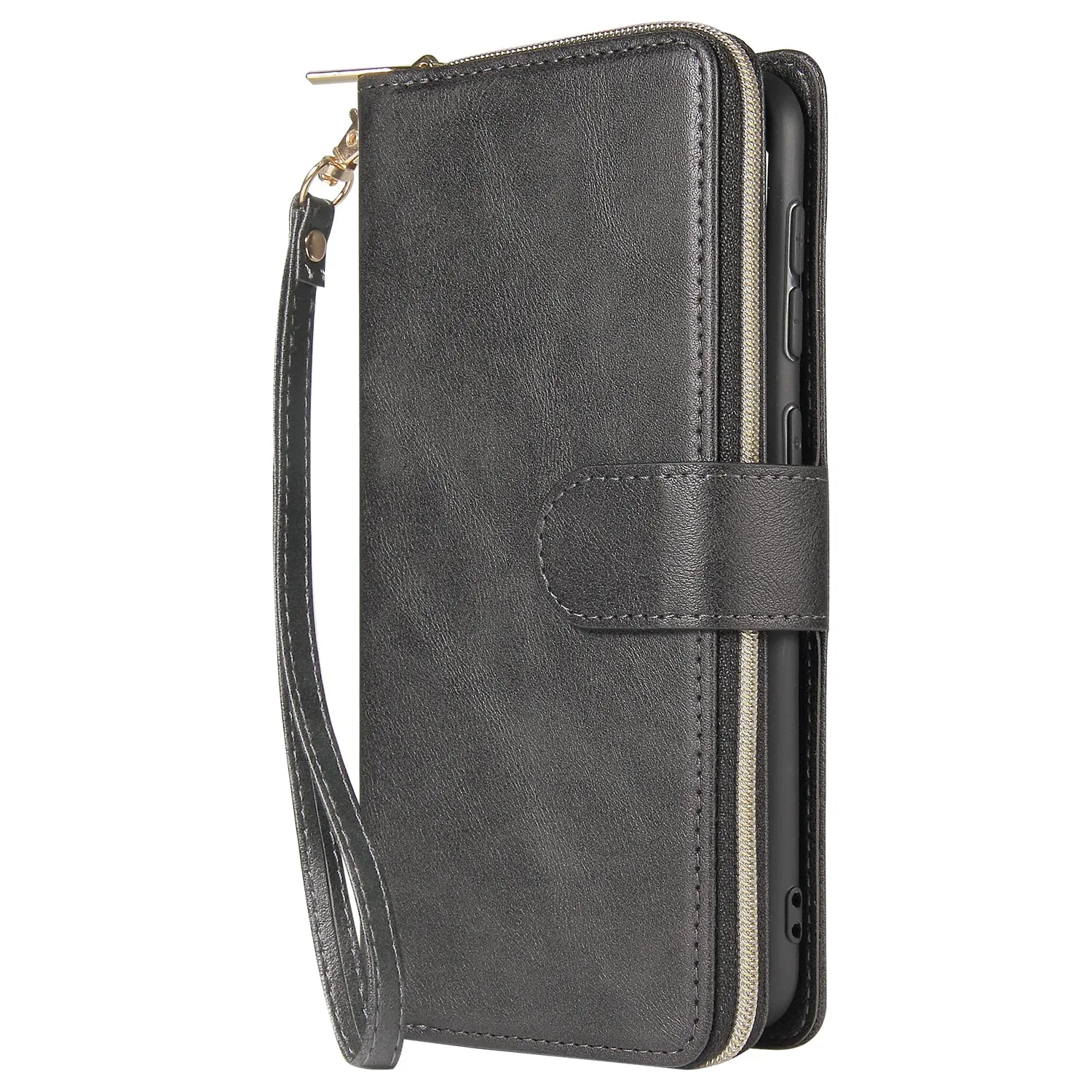 For Samsung A10/A20/A30/A50/A30S/A50S Pu Leather  Mobile Phone Cover Zipper Card Bag   Wrist Strap black