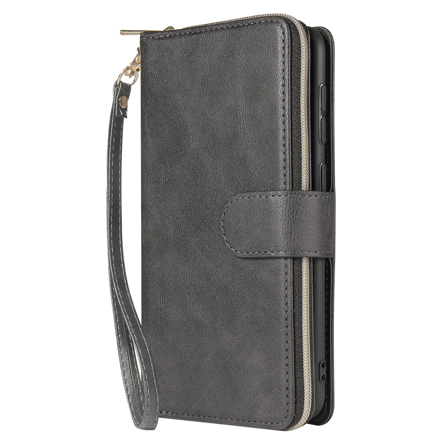 For Samsung A10/A20/A30/A50/A30S/A50S Pu Leather  Mobile Phone Cover Zipper Card Bag   Wrist Strap black