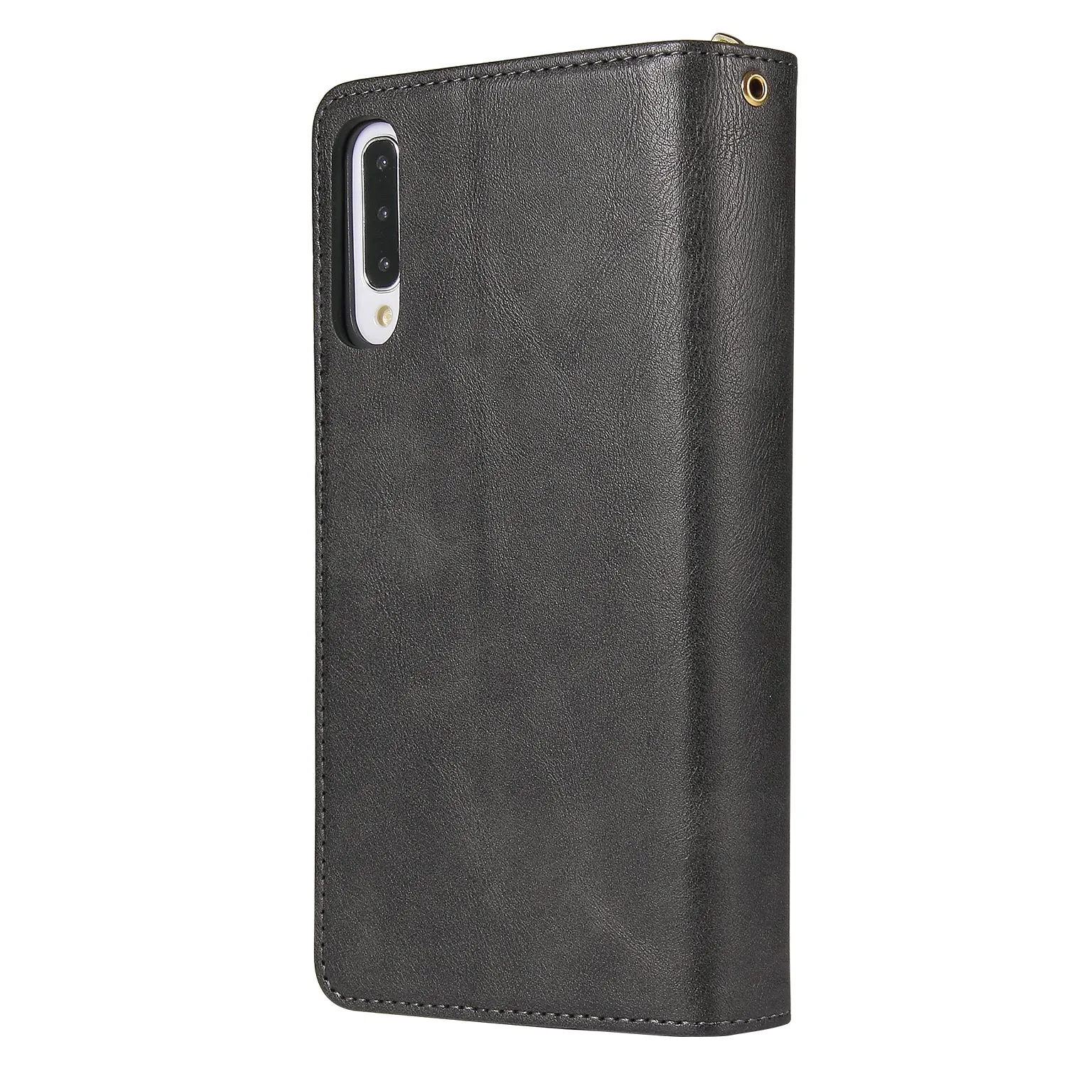 For Samsung A10/A20/A30/A50/A30S/A50S Pu Leather  Mobile Phone Cover Zipper Card Bag   Wrist Strap black