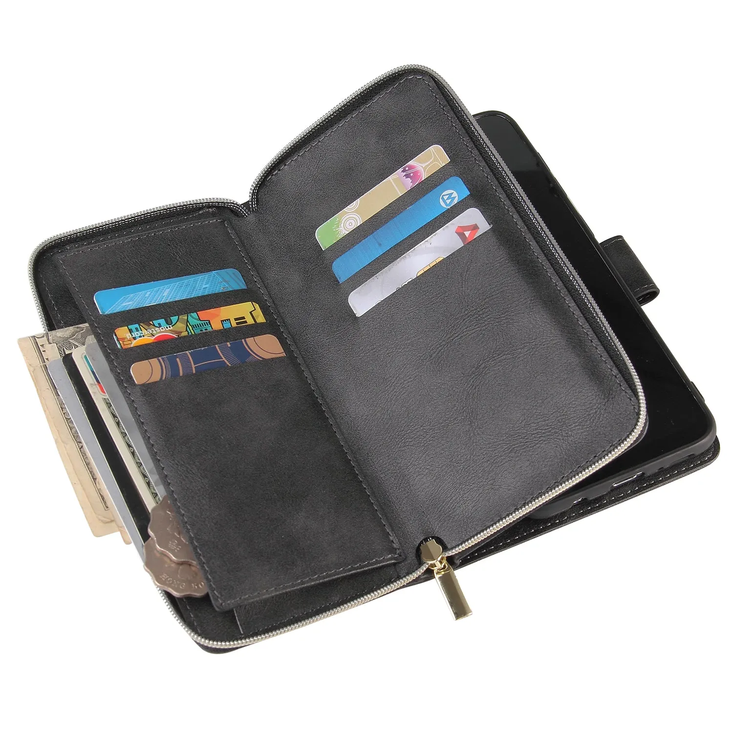 For Samsung A10/A20/A30/A50/A30S/A50S Pu Leather  Mobile Phone Cover Zipper Card Bag   Wrist Strap black