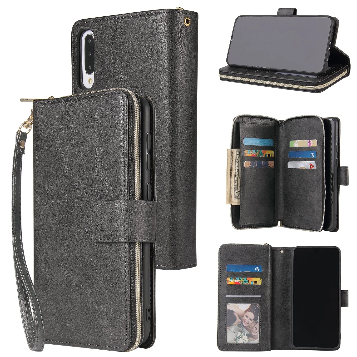 For Samsung A10/A20/A30/A50/A30S/A50S Pu Leather  Mobile Phone Cover Zipper Card Bag   Wrist Strap black
