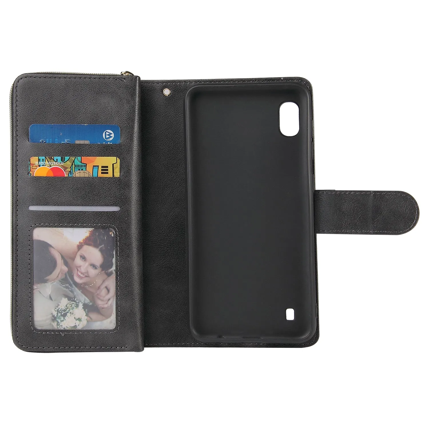For Samsung A10/A20/A30/A50/A30S/A50S Pu Leather  Mobile Phone Cover Zipper Card Bag   Wrist Strap black