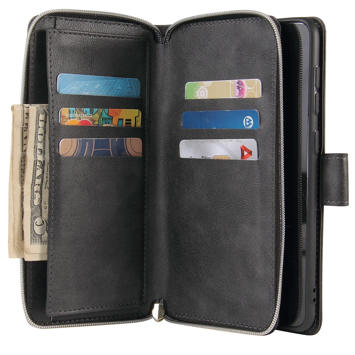 For Samsung A10/A20/A30/A50/A30S/A50S Pu Leather  Mobile Phone Cover Zipper Card Bag   Wrist Strap black