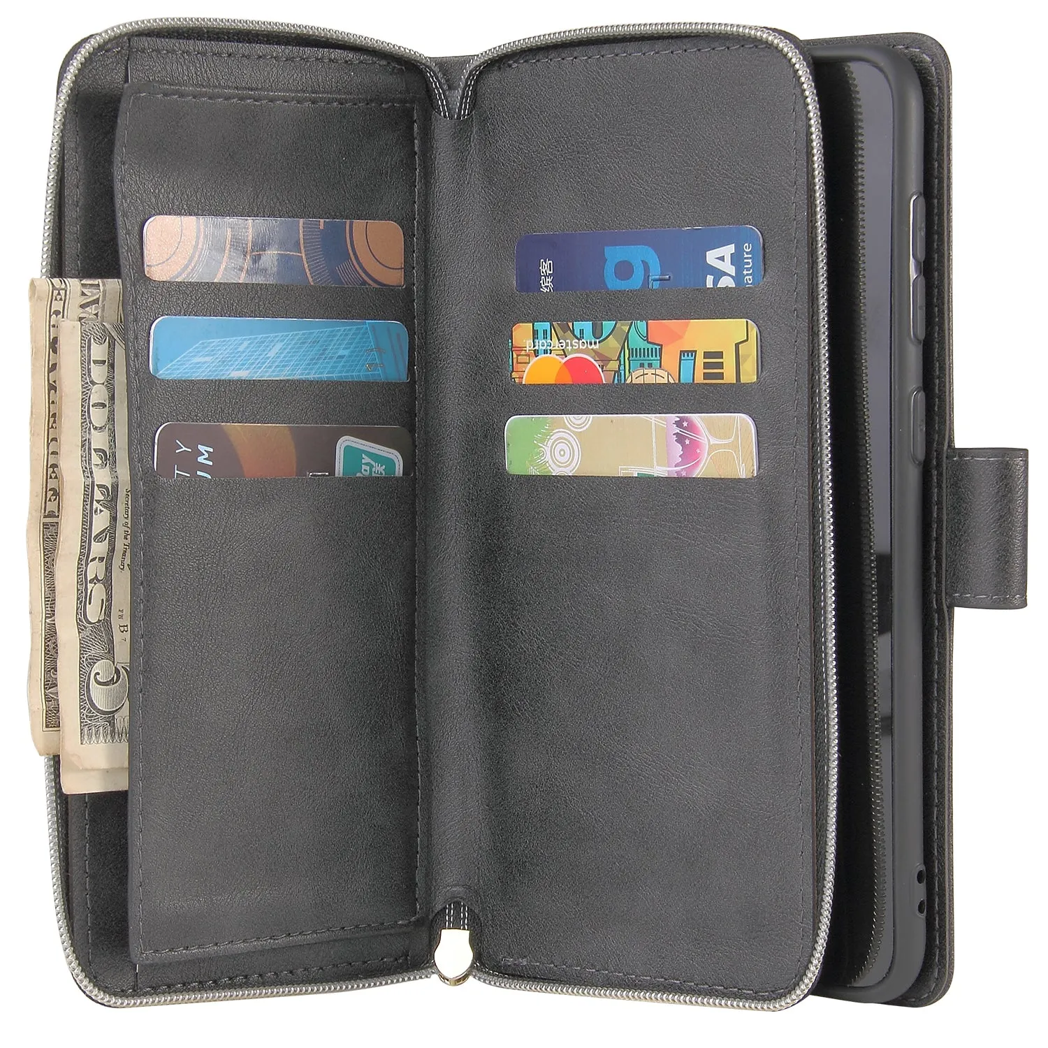 For Samsung A10/A20/A30/A50/A30S/A50S Pu Leather  Mobile Phone Cover Zipper Card Bag   Wrist Strap black