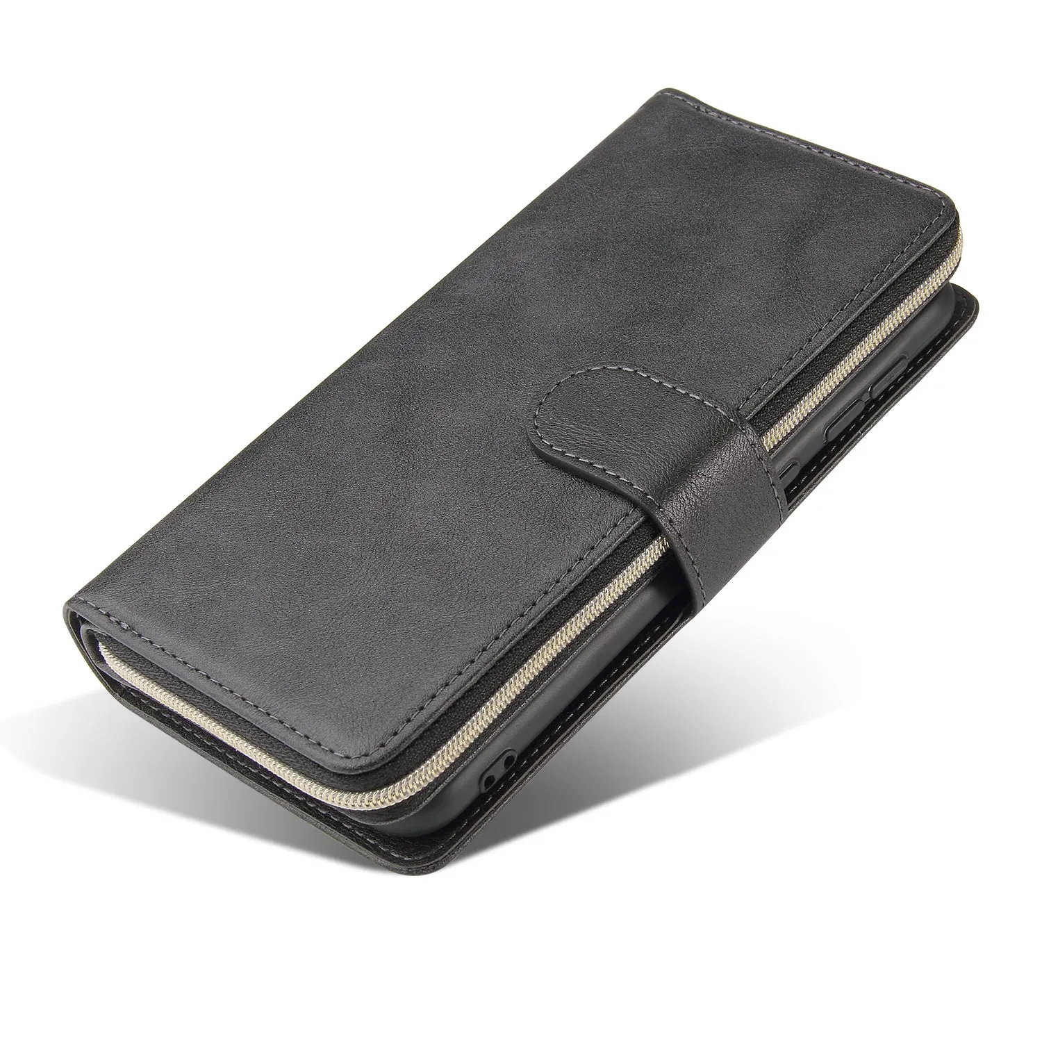 For Samsung A10/A20/A30/A50/A30S/A50S Pu Leather  Mobile Phone Cover Zipper Card Bag   Wrist Strap black