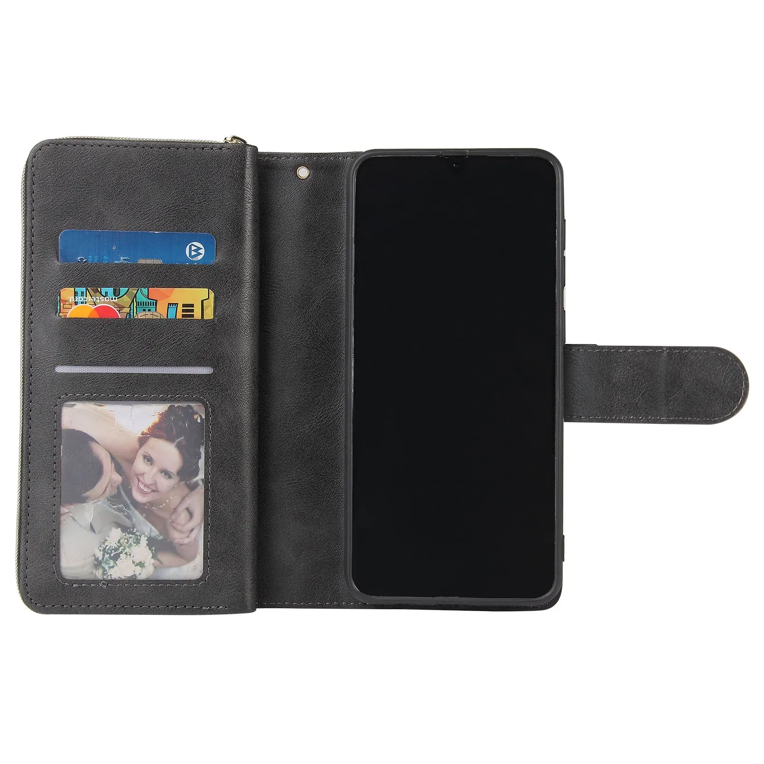 For Samsung A10/A20/A30/A50/A30S/A50S Pu Leather  Mobile Phone Cover Zipper Card Bag   Wrist Strap black