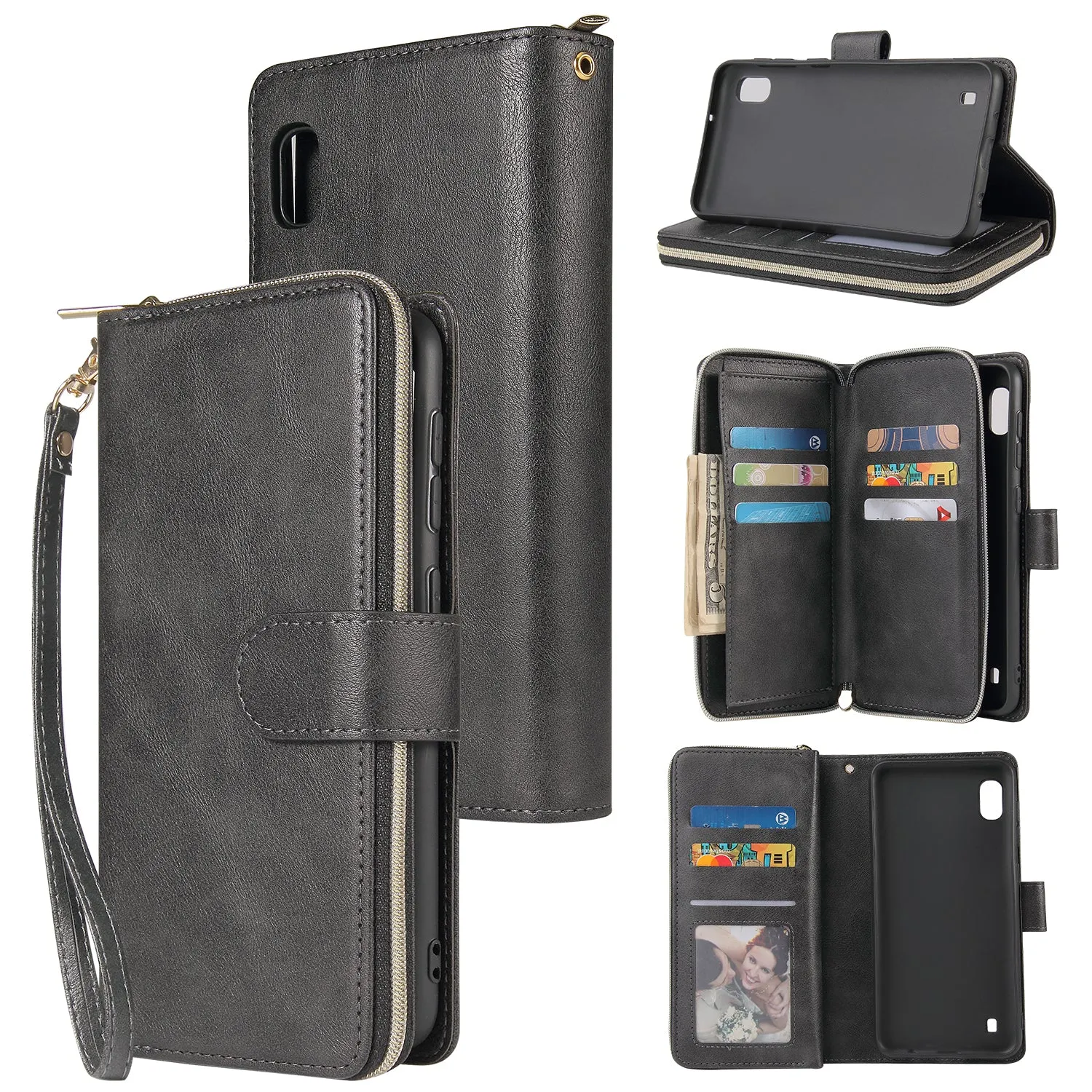 For Samsung A10/A20/A30/A50/A30S/A50S Pu Leather  Mobile Phone Cover Zipper Card Bag   Wrist Strap black