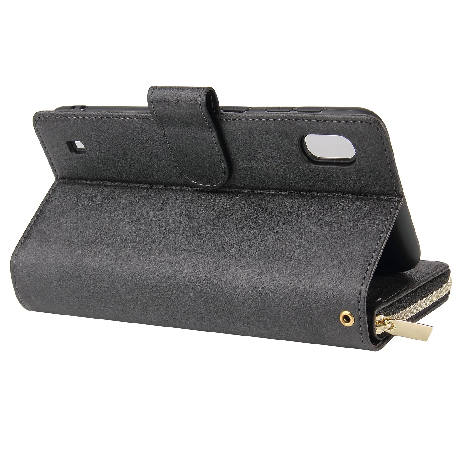 For Samsung A10/A20/A30/A50/A30S/A50S Pu Leather  Mobile Phone Cover Zipper Card Bag   Wrist Strap black