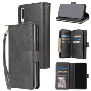 For Samsung A10/A20/A30/A50/A30S/A50S Pu Leather  Mobile Phone Cover Zipper Card Bag   Wrist Strap black
