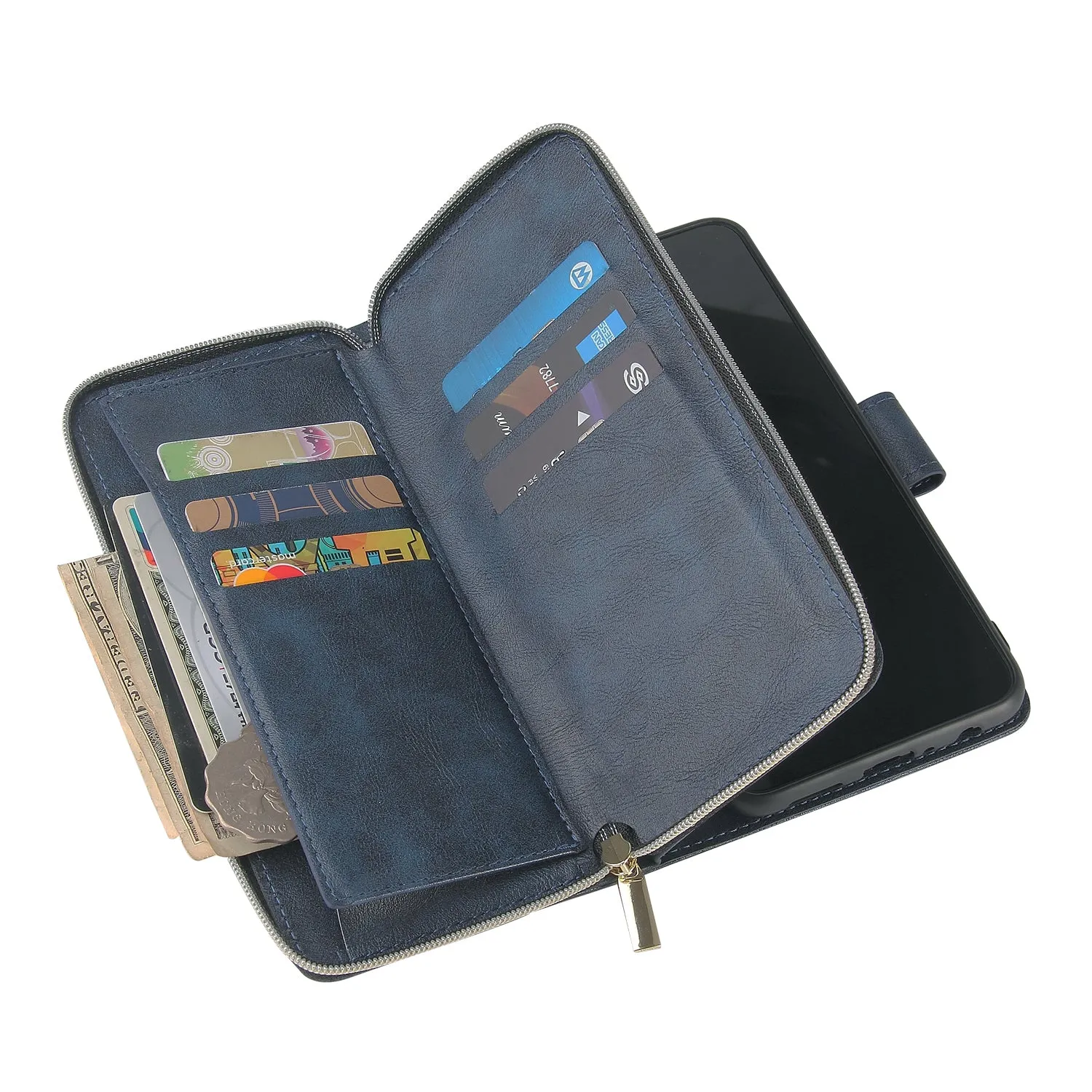 For Samsung A10/A20/A30/A50/A30S/A50S Pu Leather  Mobile Phone Cover Zipper Card Bag   Wrist Strap blue
