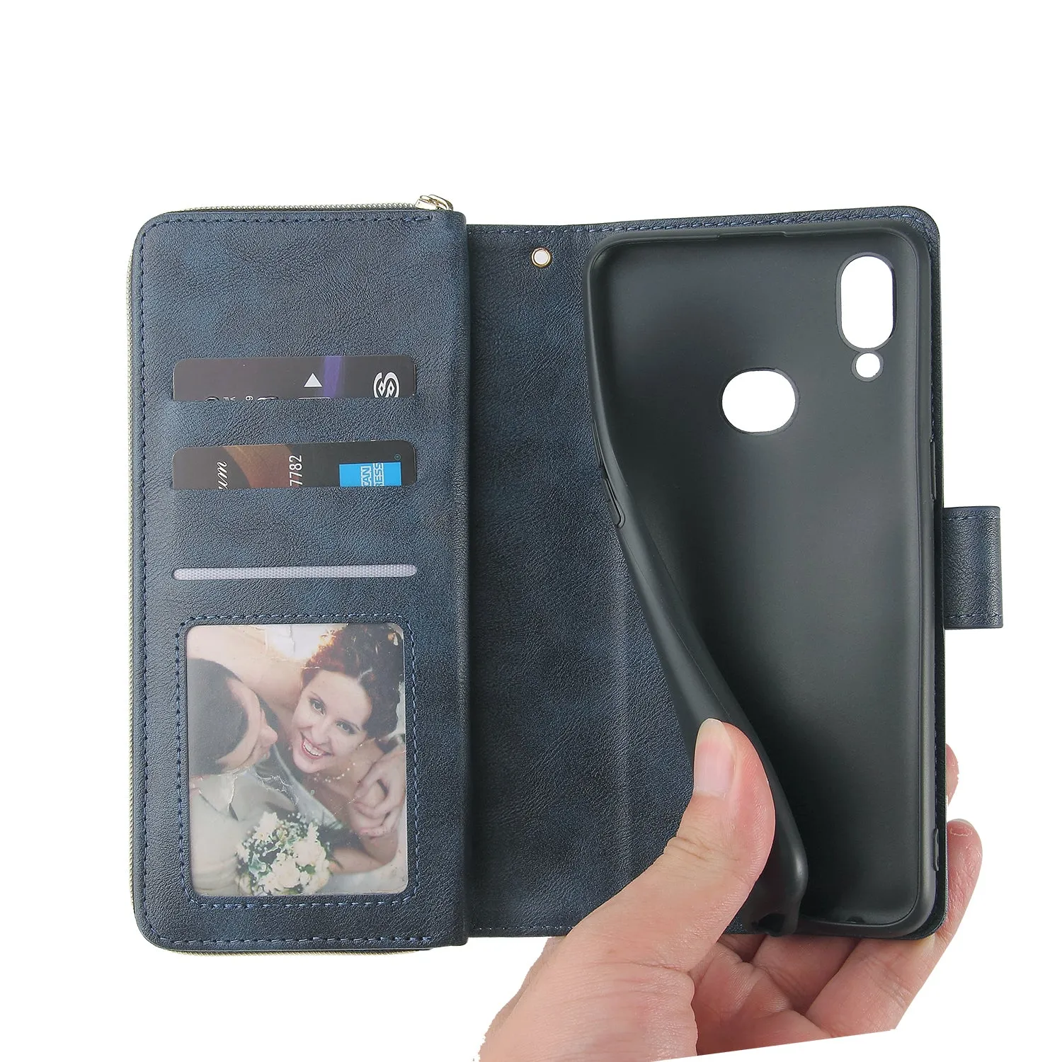 For Samsung A10/A20/A30/A50/A30S/A50S Pu Leather  Mobile Phone Cover Zipper Card Bag   Wrist Strap blue