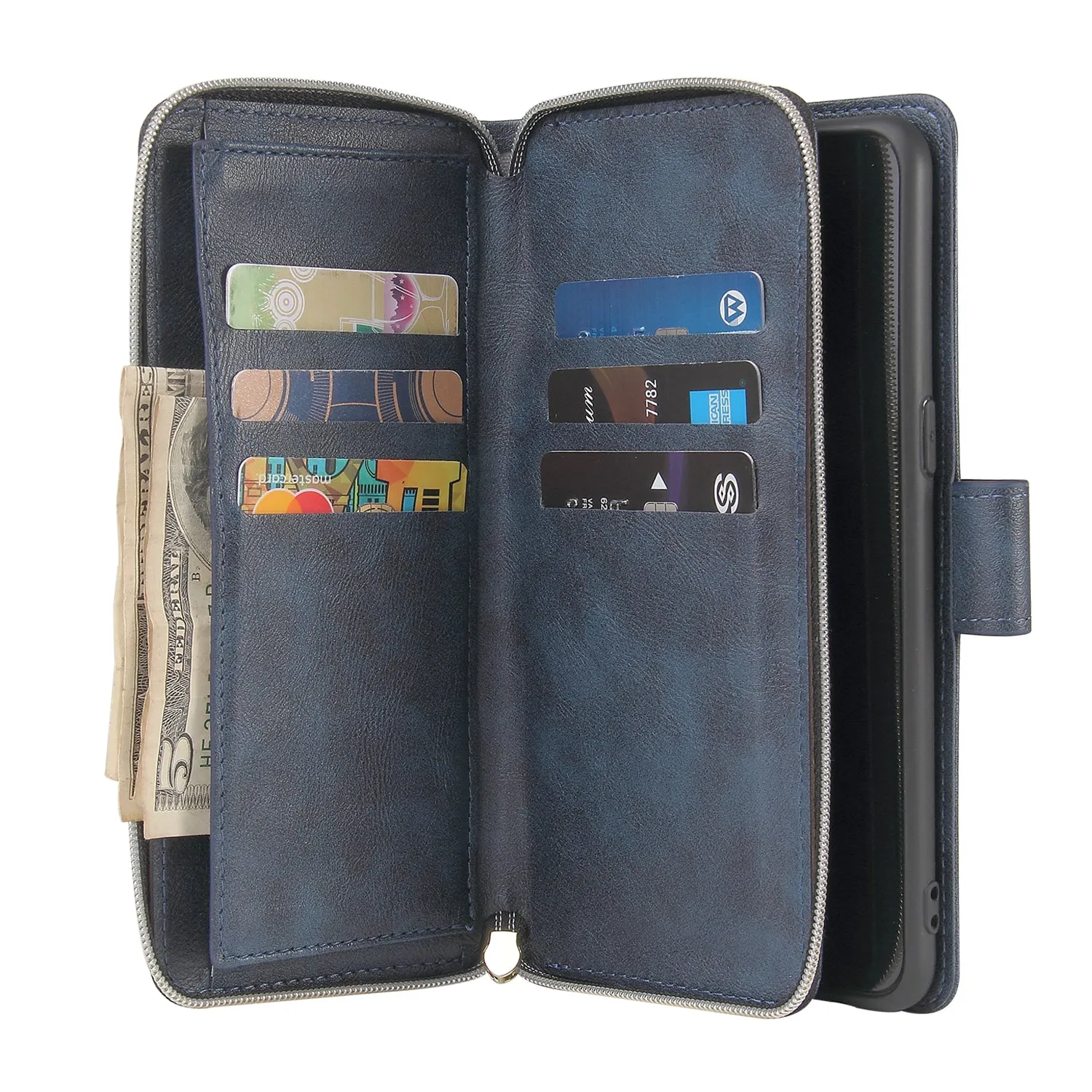 For Samsung A10/A20/A30/A50/A30S/A50S Pu Leather  Mobile Phone Cover Zipper Card Bag   Wrist Strap blue