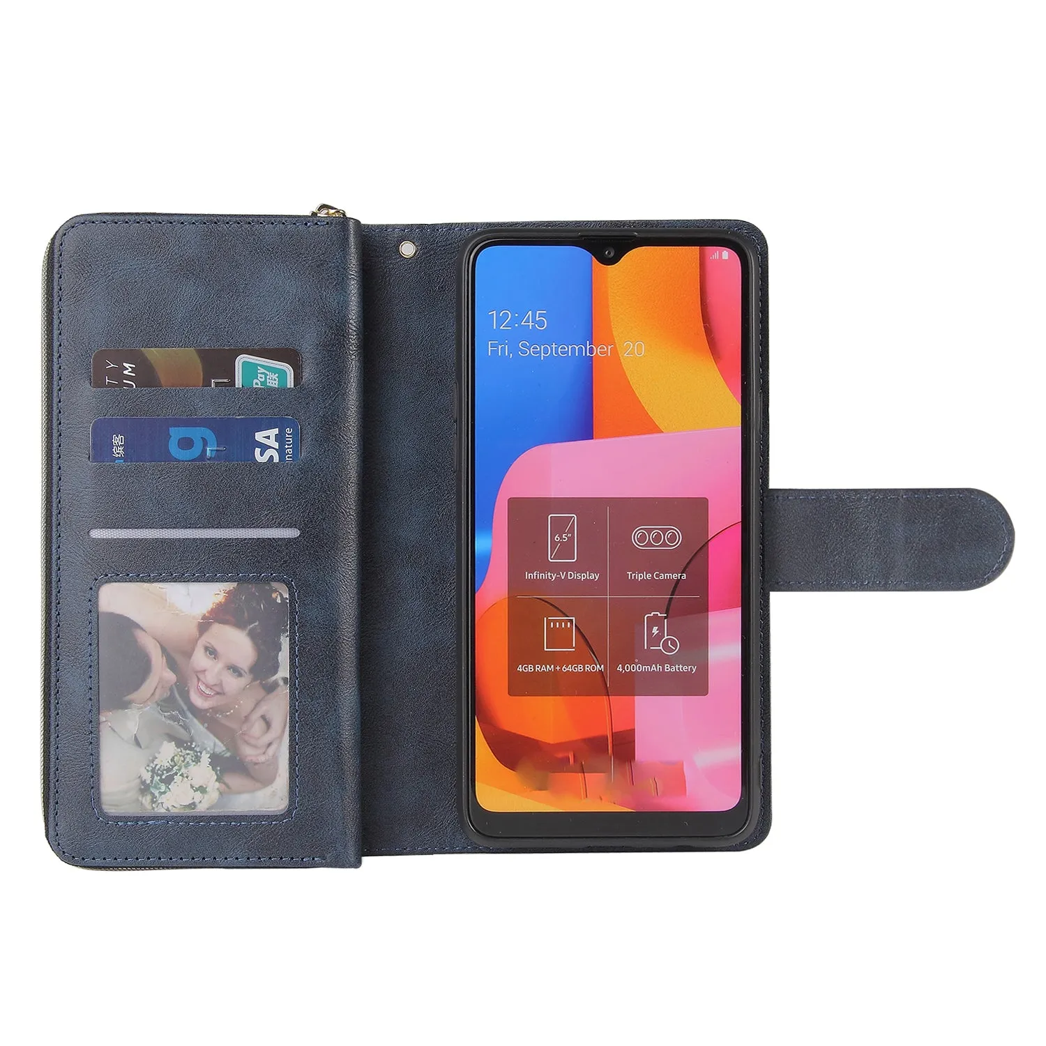 For Samsung A10/A20/A30/A50/A30S/A50S Pu Leather  Mobile Phone Cover Zipper Card Bag   Wrist Strap blue