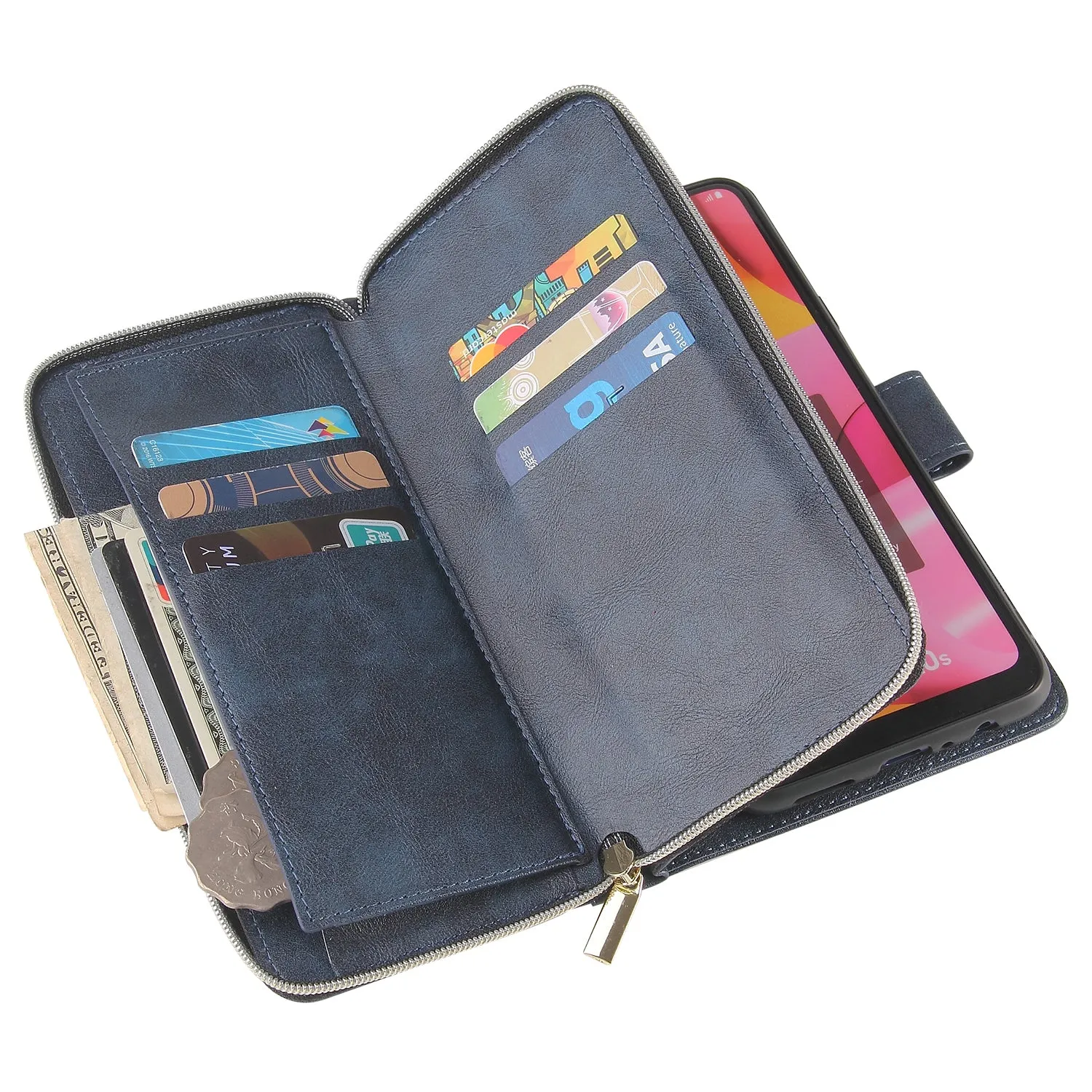 For Samsung A10/A20/A30/A50/A30S/A50S Pu Leather  Mobile Phone Cover Zipper Card Bag   Wrist Strap blue