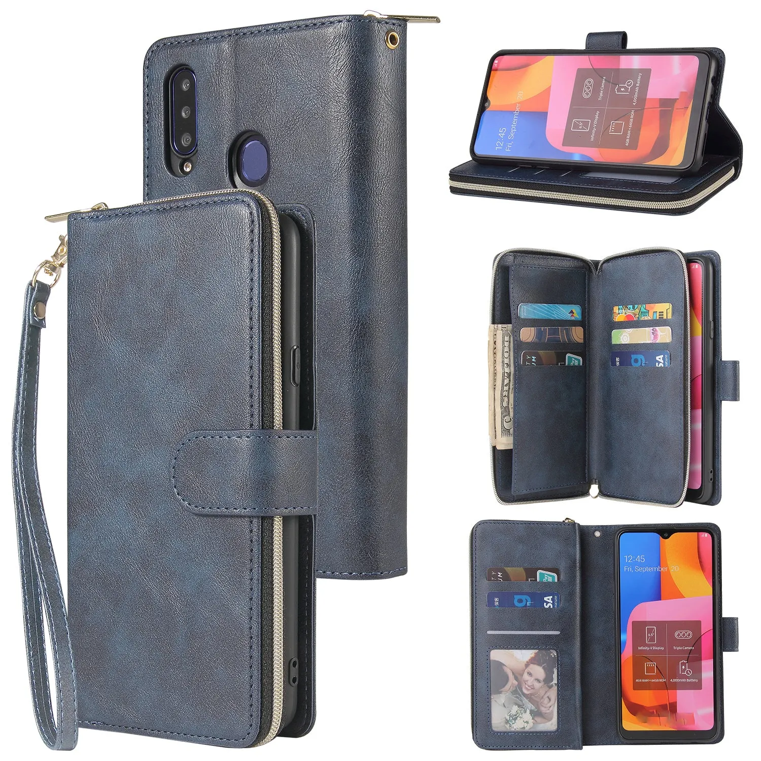 For Samsung A10/A20/A30/A50/A30S/A50S Pu Leather  Mobile Phone Cover Zipper Card Bag   Wrist Strap blue