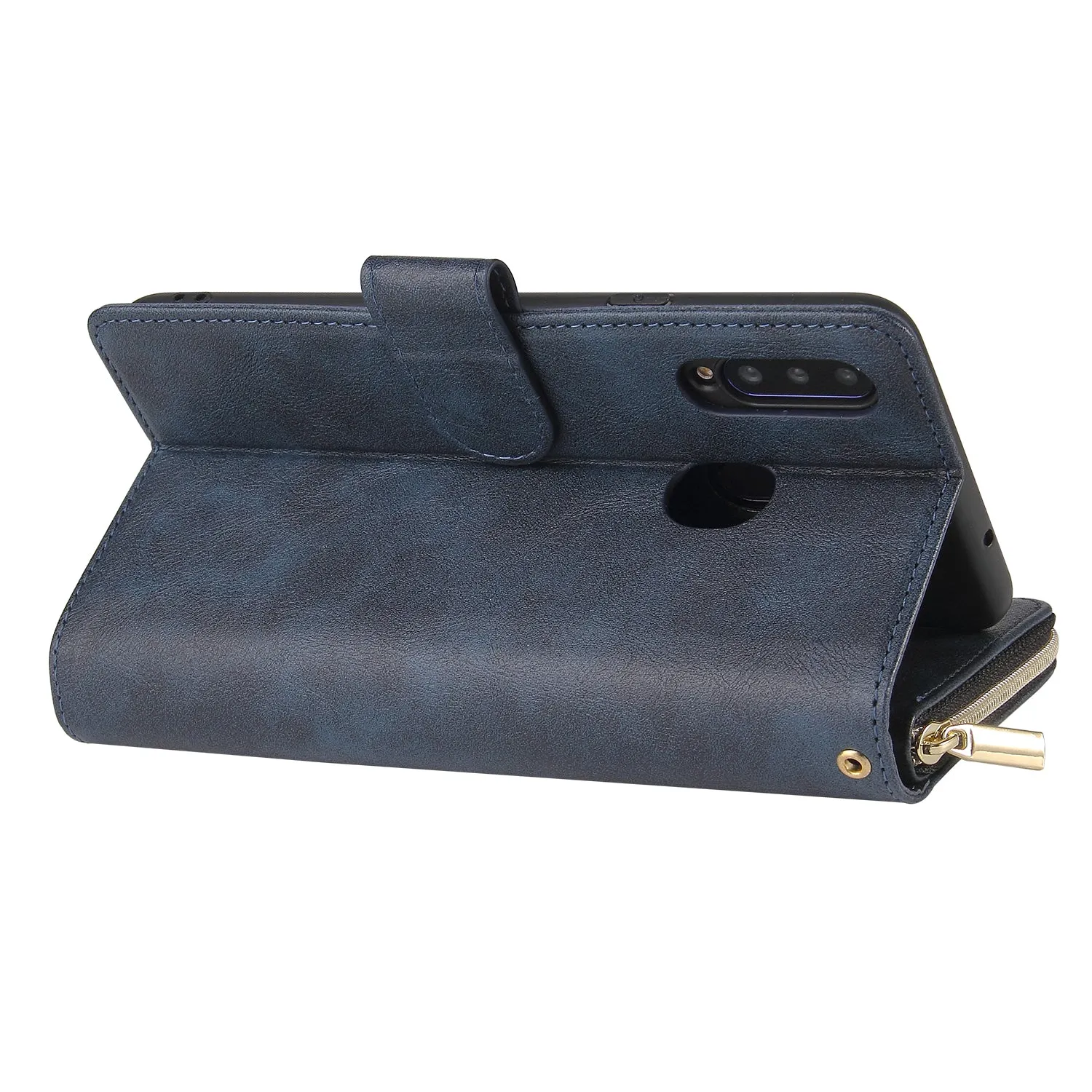 For Samsung A10/A20/A30/A50/A30S/A50S Pu Leather  Mobile Phone Cover Zipper Card Bag   Wrist Strap blue