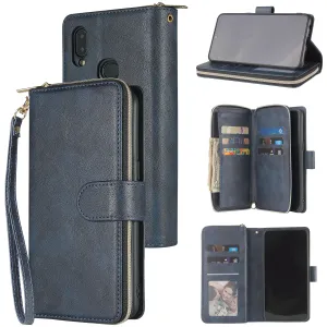 For Samsung A10/A20/A30/A50/A30S/A50S Pu Leather  Mobile Phone Cover Zipper Card Bag   Wrist Strap blue