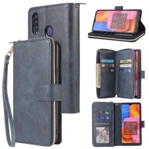 For Samsung A10/A20/A30/A50/A30S/A50S Pu Leather  Mobile Phone Cover Zipper Card Bag   Wrist Strap blue