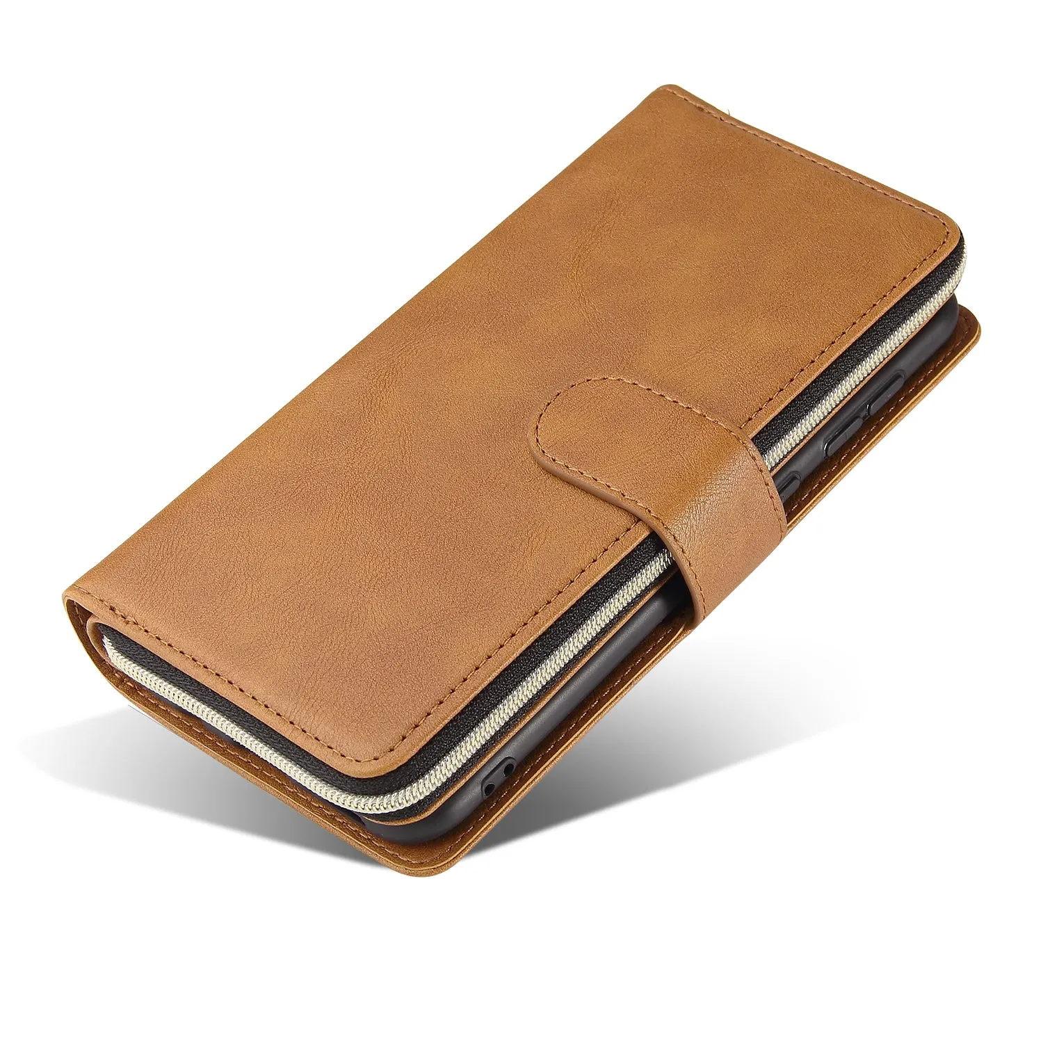 For Samsung A10/A20/A30/A50/A30S/A50S Pu Leather  Mobile Phone Cover Zipper Card Bag   Wrist Strap brown